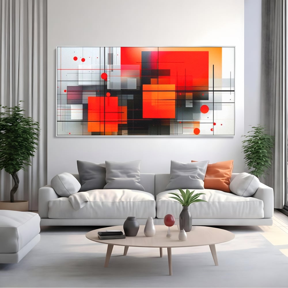 Tablou canvas cu ilustratie geometrica abstracta cu patrate, in rama de aluminiu argintiu, pe perete intr-un living